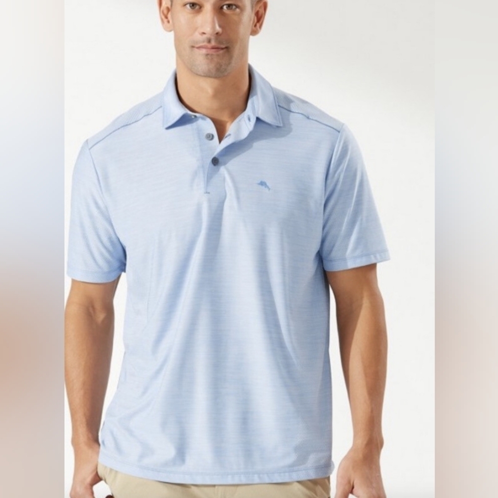 Tommy Bahama Men's L Polo Golf Shirt Light Blue White Stripe Cotton Blend EUC